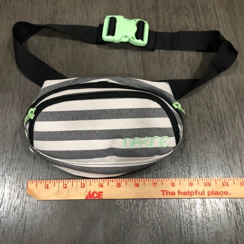 Dakine Fanny Hip Pack Belt Bag Gray and Off-White Striping w/Neon Green Accents